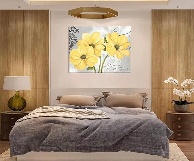 Yellow Flowers Wall Art for Bathroom Bedroom Living Room Office Abstract Print Canvas Home Decor Pictures Poster Large Painting Photo Framed Ready to Hang(24''H x 36''W)