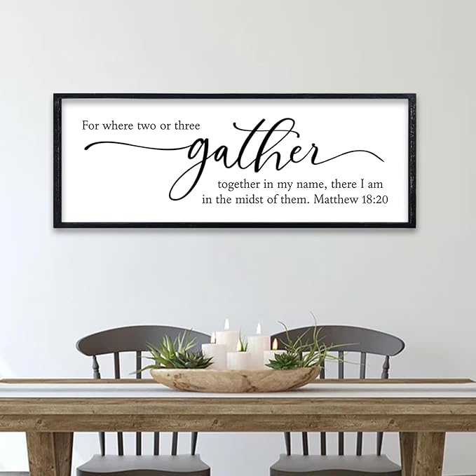 comurdyo Dining Room Wall Decor For Where Two Or Three Gather Sign 32X12 Inch Bible Verse Prayer Matthew 18:20 for Large Modern Farmhouse Simple kitchen Wooden Framed Plaque Hanging Art (Black)