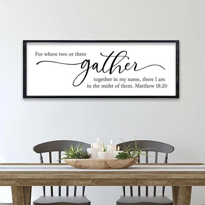 comurdyo Dining Room Wall Decor For Where Two Or Three Gather Sign 32X12 Inch Bible Verse Prayer Matthew 18:20 for Large Modern Farmhouse Simple kitchen Wooden Framed Plaque Hanging Art (Black)