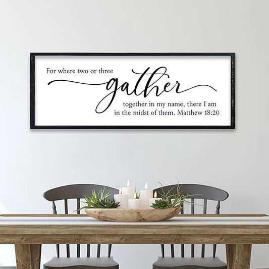 comurdyo Dining Room Wall Decor For Where Two Or Three Gather Sign 32X12 Inch Bible Verse Prayer Matthew 18:20 for Large Modern Farmhouse Simple kitchen Wooden Framed Plaque Hanging Art (Black)