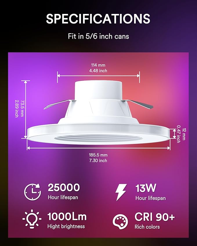 Smart Recessed Lighting 6 Inch, Dual Light RGBCW LED Can Lights with Music Sync, Anti-Glare Color Changing Ceiling Light Compatible with Alexa/Google, Dimmable Retrofit Downlight for Bedroom, 1 Pack