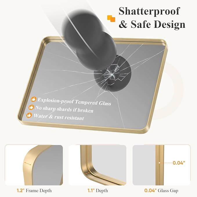 OLIXIS Bathroom Mirror for Over Sink, 30x40 Inch Wall Rounded Rectangle Mirror with Matte Metal Framed, Modern Wall Mount Vanity Mirror for Home Decor, Living Room, Bedroom, Gold