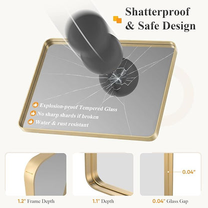 Sweetcrispy Bathroom Wall Mirror, 48x30 Inch Wall Mount Mirror for Over Sink, Modern Rounded Rectangle Vanity Mirror with Matte Metal Framed, for Home Decor, Living Room, Bedroom, Gold