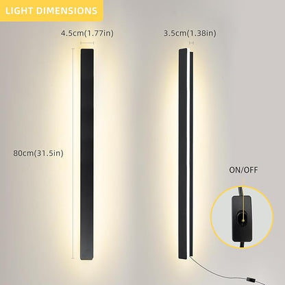 KELUOLY Modern Plug in Wall Lights, 31.4 inch Frosted Black LED Long Wall Sconce, 16W Warm White 3000K Acrylic Indoor Wall lamp,with 59" Plug Cable for Bedroom, Living Room, Hallway