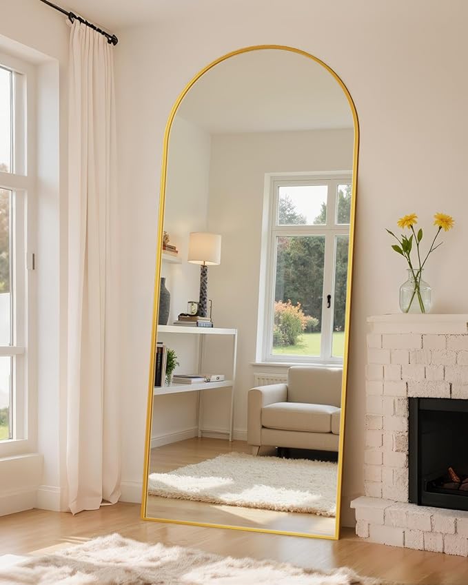 Full Length Mirror with Stand, 71"x26" Arched Full Body Mirror, Large Stand Up Mirrors, Aluminum Frame Floor Standing Mirrors, Freestanding Hanging Leaning Mounted for Bedroom Living Room, Gold