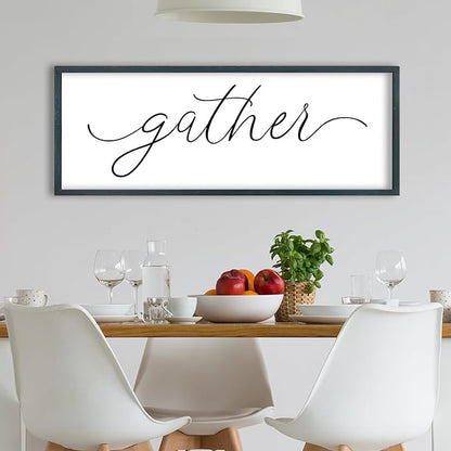 FZMHASLWW Gather Sign Wall Decor 32"×12" Large Wooden Framed for Dining Room Simple Home Kitchen Hanging Art (Black)
