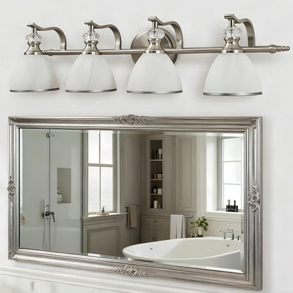 ANDY STAR Bathroom Light Fixtures Over Mirror, 4-Light Brushed Nickel Vanity Lights for Bathroom, 27.8 Inch Vintage Wall Sconce with Milk White Bell Glass Shades, Rustproof Silver Finish, E26 Base