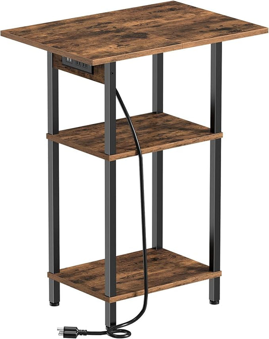 Asgolion Tall End Table with Charging Station, Skinny Nightstand with USB Ports and Outlets, 3 Tier Narrow Side Table with Storage for Bedroom, Living Room, Office, Rustic Brown and Black