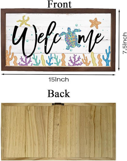 Ocean Welcome Sign, Welcome Decor Signs, Sea Turtle Decors, Beach House Decoration for Indoor Outdoor, Decorative Wooden Wall Plaque, Rustic Framed Wall Decor, 15×7.5×0.3 inches