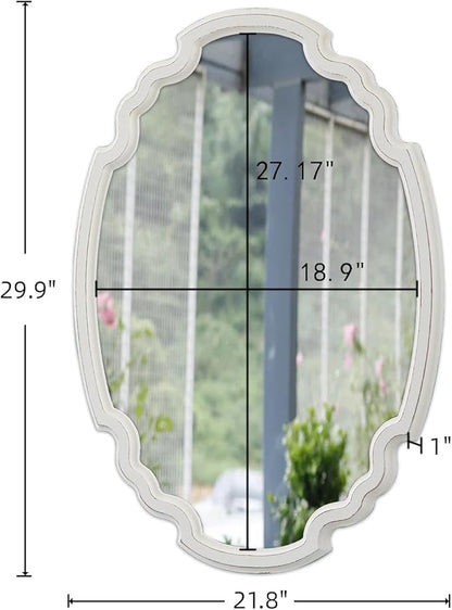 Rustic Oval Mirror 22 X 30 Inch, Hanging Distressed White Scalloped Wood Framed Vintage Mirrors for Wall Decor, Farmhouse Mirror Wall Decor for Bathroom Hallway, Horizontal or Vertical