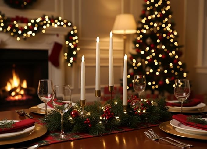 Rhytsing Ivory 10.8" Flameless Taper Candles with Timer, Battery Operated Dinner Long Candles with Remote, Smooth Wax Finish, Warm White LED, 8 Batteries Included - Set of 4