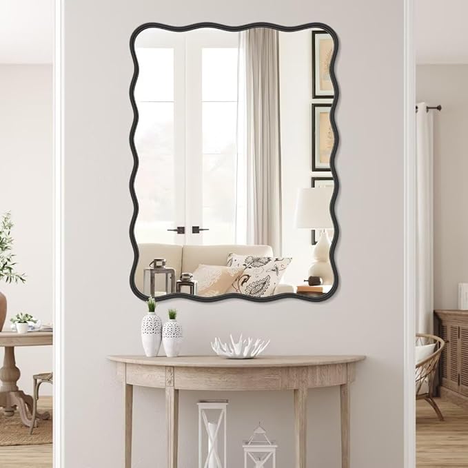 PROHOMEWARE 28 * 40" Black Bathroom Mirror for Wall,Wavy Rectangular Mirror,Vanity Mirror,Bathroom Mirrors for Wall-Mounted Metal Frame Mirror for Bedroom Entryway Living Room Farmhouse (Black)
