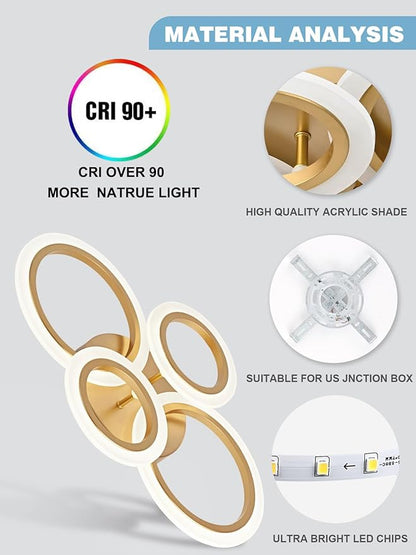 Modern LED Flush Mount Ceiling Light, 4 Rings Gold Close to Ceiling Light Fixtures, Kitchen Lighting Fixture Lamp for Bedroom, Living Room, Laundry Room, 4000K Not Dimmable