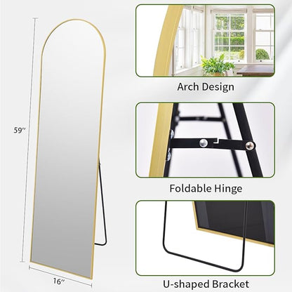 BEAUTYPEAK Arch Mirror Full Length, 59"x16" Wall Mirrors, Full Body Floor Mirror Aluminum Alloy Frame, Suitable for Bedroom, Dressing Room, Gold