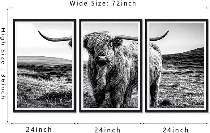 Vintage Scottish Cow Canvas Wall Art Rustic Art Highland Cow Poster Wall Decor Black and White Farm Animal Cow Artwork for Apartment Living Room Bedroom Country Decoration 24x36inchx3pcs