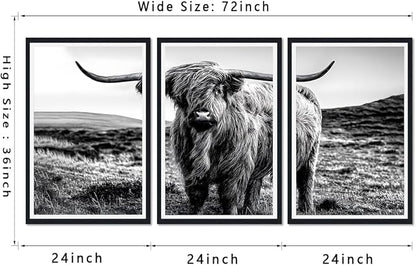 Vintage Scottish Cow Canvas Wall Art Rustic Art Highland Cow Poster Wall Decor Black and White Farm Animal Cow Artwork for Apartment Living Room Bedroom Country Decoration 24x36inchx3pcs