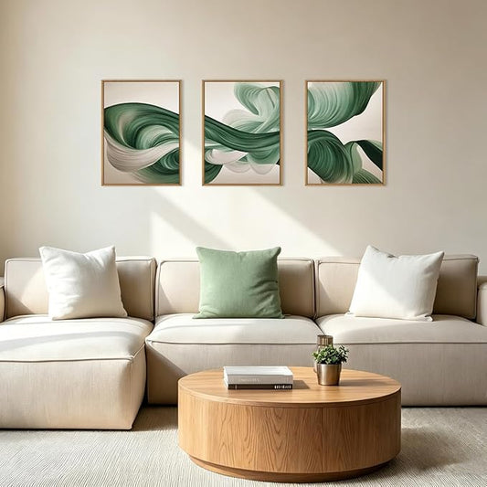 KAIRNE Green Abstract Framed Canvas Wall Art Set,Minimalist Green Lines Wall Decor,Modern Flowing Texture Art Prints,Neutral Smokes Waves Artwork for Living Room,Bedroom,Farmhouse,Office-12 x16 x3