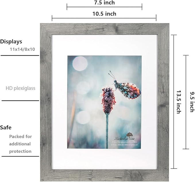 Grey 11x14 Picture Frame,Display 11x14 without Mat or 8x10 with Mat，Wall Gallery Photo Frames