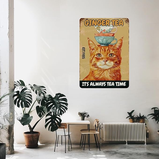 Metal Signs Ginger Tea Cat Vintage Signs Retro Aluminum Tin Sign for Toilet Washroom Garden Home Bar Cafe Decor 8x12 Inch