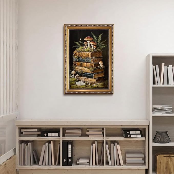 WZGZXU Vintage Gold Framed Wall Art Botanical Wall Decor Dark Academia Canvas Art Cottagecore Stack Books Pictures Gothic Prints Moody Paintings For Bedroom Study Room Library 16x24in