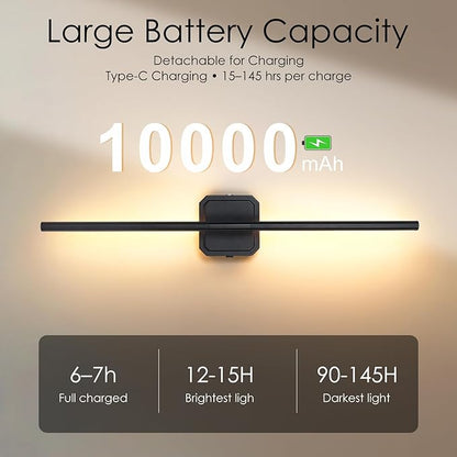Battery Operated Wall Sconces Set of 2, 𝐔𝐩𝐠𝐫𝐚𝐝𝐞𝐝 Rechargeable Wall Lights with Remote Control, LED Wall Sconces Black, 3000K-6000K Dimmable 360° Rotatable for Living Room, Bedroom, 28''