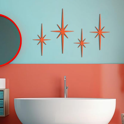 Blulu 4 Pcs Cast Iron Starburst Shaped Wall Decor Metal Mid Century Modern Decor Retro Atomic Stars Wall Art Elegance Accents Vintage Celestial Whimsigoth Hangings for Home Office Room(Orange)