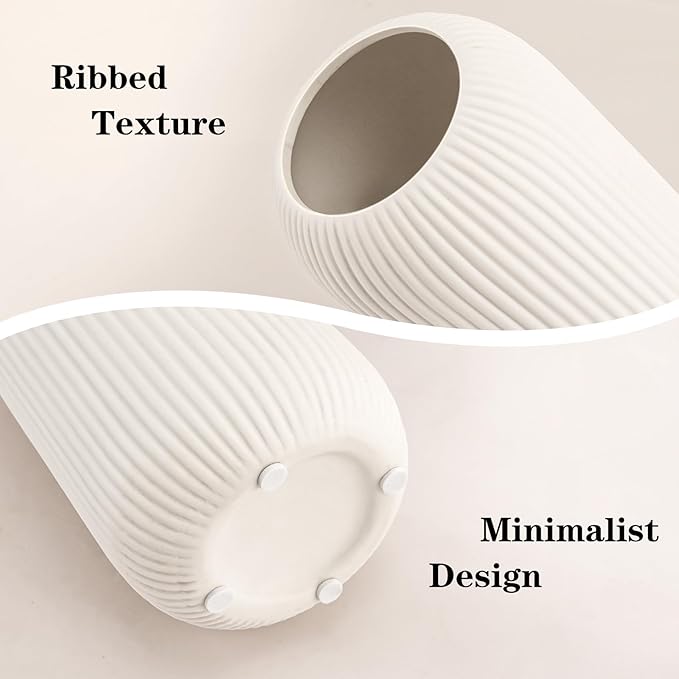 Ceramic Vase for Flowers – Modern Small Ribbed Textured Flower Vase for Home Decor, Pampas Grass, Decorative, Farmhouse, Coffee Table, Kitchen Centerpieces, Bookshelf and Home Living (XL White)