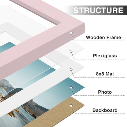 Vittanly 12x12 Picture Frame Set of 9 - Display 8x8 Photos with Mat or 12x12 Without Mat, Wall Mount Frames for Home Decor, Horizontal or Vertical (Pink)