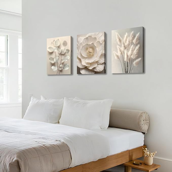 3Pcs Beige Floral Botanical Frame Canvas Wall Art, Neutral Textured Flower Plant Wall Painting Picture Wall Decor Vintage Blossom Posters Prints for Bedroom Living Room Reay to Hang 20"x28"x3Pcs