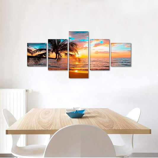 Ocean Canvas Wall Art Beach Sunset Poster Modern Seascape Pictures HD Print on Canvas Framed Landscape Artwork for Living Room Kitchen Bedroom Wall Decorations Stretched Ready to Hang - 50''W x 24''H