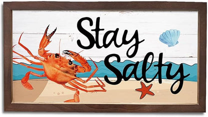 Crab Decor, Coastal Wall Decoration, Decorative Wooden Signs and Plaques, Wood Decorations for Home or Beach House, Seaside Cottage Decors, Wooden Framed Wall Decor, Stay Salty Sign 15×7.5×0.3 inches