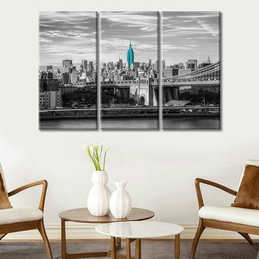 3 Panel New York USA Skyscrapers Landscape Artwork Canvas Wall Art Beautiful Brooklyn Bridge City Skyline Posters and Prints Bathroom Decor Wall Art Print on Canvas Framed Ready to Hang (36"Wx24"H)