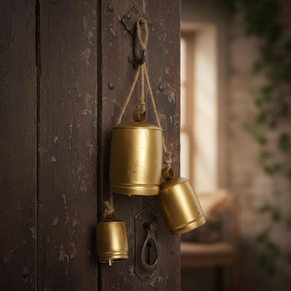 Vintage Gold Metal Cow Bells Set of 3 Handcrafted Hanging Bells with Jute Rope Rustic Farmhouse Distressed Bells for Porch Wreaths Walls & Year-Round Ranch Décor