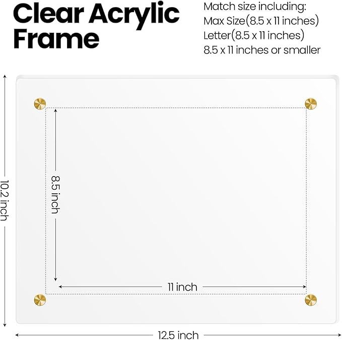Thyle 8 Pcs Acrylic Photo Frame 8.5 x 11'' Clear Floating Picture Frame Certificate Document Poster Award Diploma Display Tabletop or Hanging Wall Mount for Back to School Teacher Student Gift(Gold)