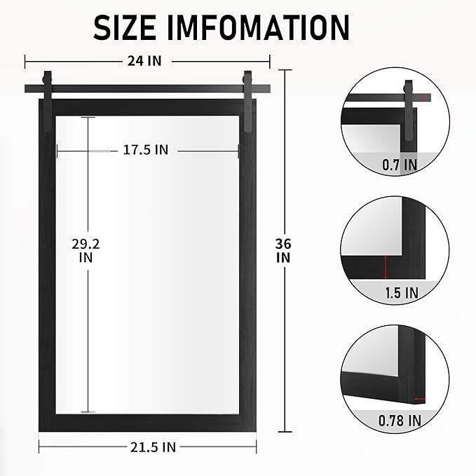 Black Farmhouse Mirror - 24x36INCH Wood Framed Square Bathroom Mirror for Vanity, Barn Door Style Wall Mounted Dresser Decor Living Room Bedroom Vertical