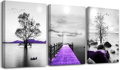 Modern Black And White Canvas Wall Art - Large Size Decor For Living Room And Bedroom - Purple Scenery Artwork Prints - Dormitory Decor