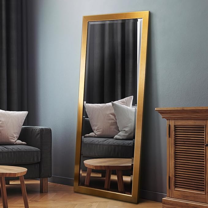 Renditions Gallery Full Length Mirror Shiny Gold Wood Frame Full Body Wall Mounted Apartment Large Vanity Standing Mirror for Bedroom Living Room Bathroom - 61"x25" LT07