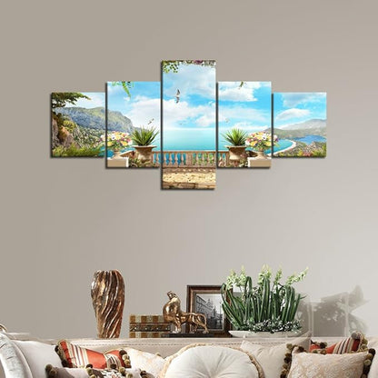 Modern European Landscape Ocean Painting 5 Panels Combination Set Wall Art Canvas Pictures for Home Decoration Living Room Bedroom Posters and Prints Gallery-wrapped Framed Stretched (50''W x 24''H)