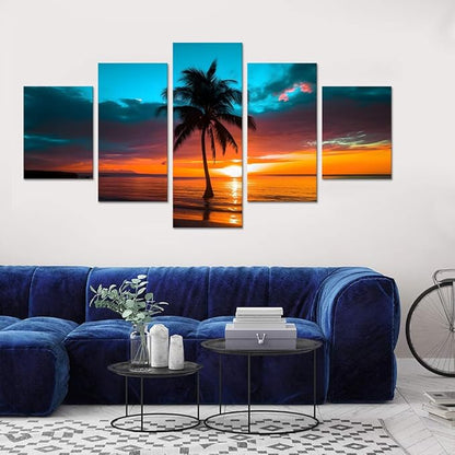 Yatsen Bridge 5 Panels Seascape Wall Art Beach Sunset Pictures Palm Trees Paintings on Canvas Artwork for Living Room Bedroom Home Decor Wooden Framed Ready to Hang - 60''W x 32''H
