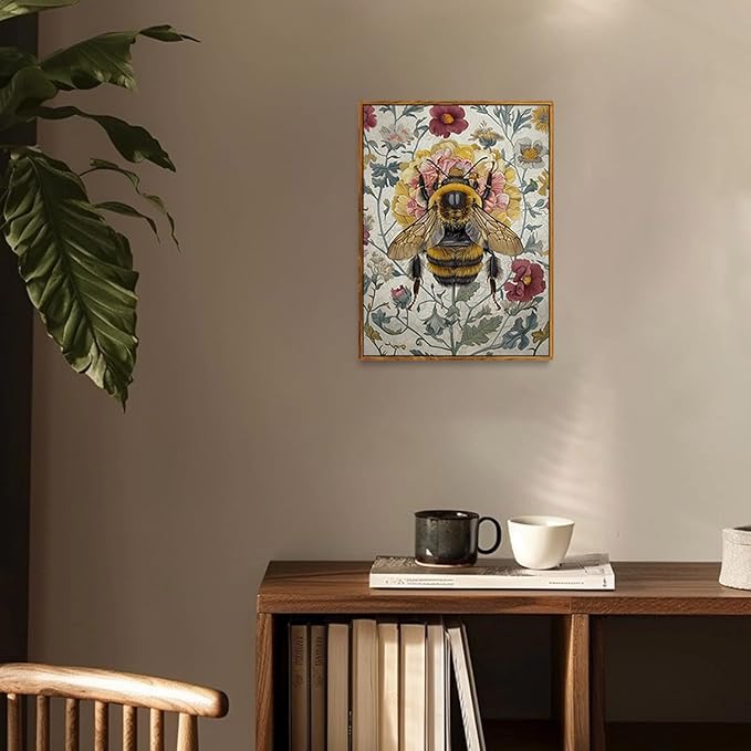 Djmwtb Framed Vintage Wall Art,Bee Wall Decor,Botanical Flower Wall Art,Nature Paintings Canvas Artwork Prints for Bedroom, Living Room 16x24in