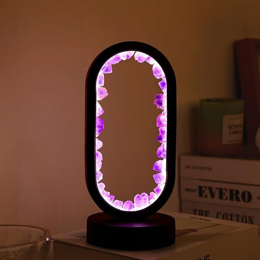 Runyangshi Crystal Lamp - Amethyst Tooth Ellipse Night Light with USB Port, 3 Colours Mode Table Lamp for Bedroom, Bedside, Office, Home Decor, Gift