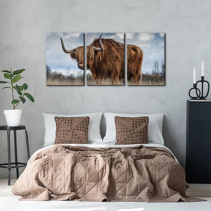 Pacimo 3 Panels Framed Canvas Prints Highland Cattle Wall Art Home Decorations for Living Room Modern Stretched and Framed Animal Pictures Photo Giclee Paintings Ready to Hang - 20"x28"x3 Panels