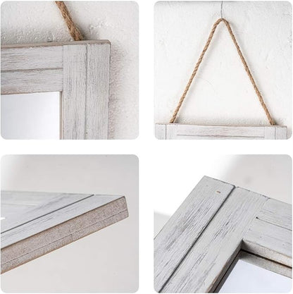 Rectangle Wall Mirror for Bathroom, Distressed White Wood Decor with Hanging Rope for Rustic Home Decor, Vanity, Living Room 12"×16"
