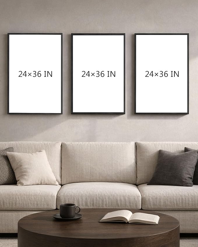 Modern Neutral Abstract Canvas Wall Art Set of 3, Extra Large Black White Gray Triptych Hand Painted Artwork 24x36, Solid Wood Framed Contemporary Minimalist Living Room Bedroom Office Decor