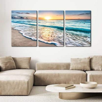 Pacimo 3 Panels Beach Canvas Wall Art for Home Decor Blue Sea Sunset White Beach Painting The Picture Print on Canvas Seascape The Pictures for Home Decor Decoration Ready to Hang - 20"x28"x3 Panels