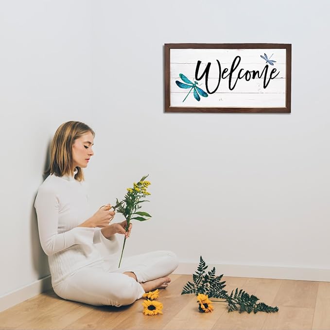 Dragonfly Welcome Sign, Front Door Porch Decors, Welcome Decoration for Wall, Country Style Home Decor, Housewarming Decors, Wooden Framed Wall Decor 15×7.5×0.3 inches