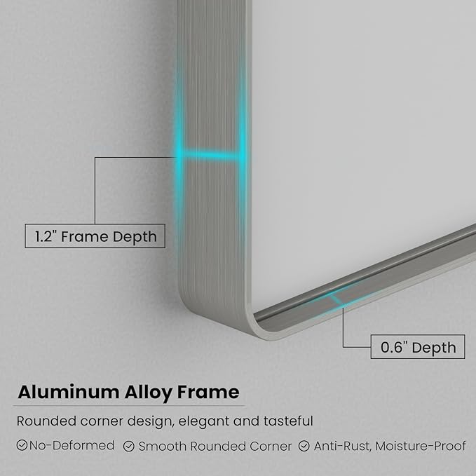 JISOSO Brushed Nickel Bathroom Mirror 38x38 Inch, Brushed Silver Metal Frame Mirror Wall Mounted, Rounded Bathroom Vanity Mirror, Tempered Glass, Anti-Rust, Horizontal/Vertical