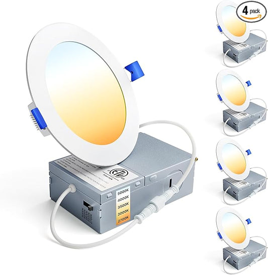 Ensenior 4 Pack 4 Inch LED Recessed Light, Dimmable, 2700K-5000K 5CCT, 750LM High Brightness, 9W 120V, Damp Rated, Ultra-Thin Canless Wafer Ceiling Light - ETL & FCC & IC