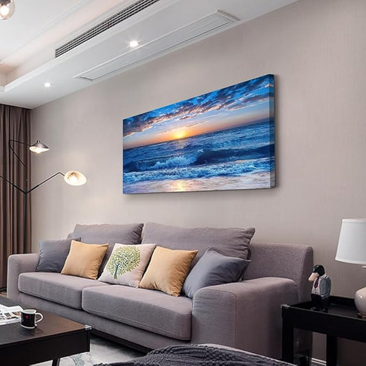 Wapluam Canvas Wall Art For Living Room Modern Decor For Bedroom Ocean Beach Wall Paintings Blue Sea View Wave Wall Pictures Prints Artwork Office Decor Room Aesthetic Home Decoration 20"X 40"