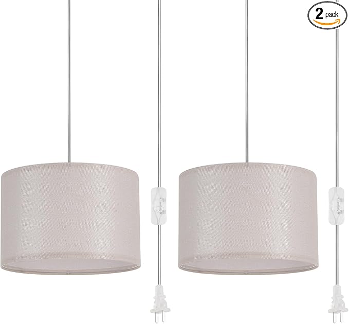 2 Pack Plug in Pendant Light, Hanging Light with 15Ft Clear Cord, On/Off Switch, Beige Yellow Fabric Lamp Shade, Hanging Light Fixture for Bedroom, Kitchen
